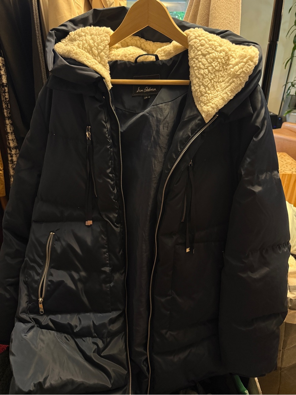 Sam Edelman Navy Puffer Coat with Cream Sherpa Hood Lining
